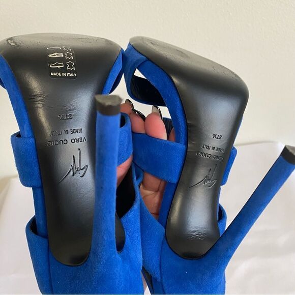 GIUSEPPE ZANOTTI Blue Suede Strappy Slingback Heels - Picture 9 of 10